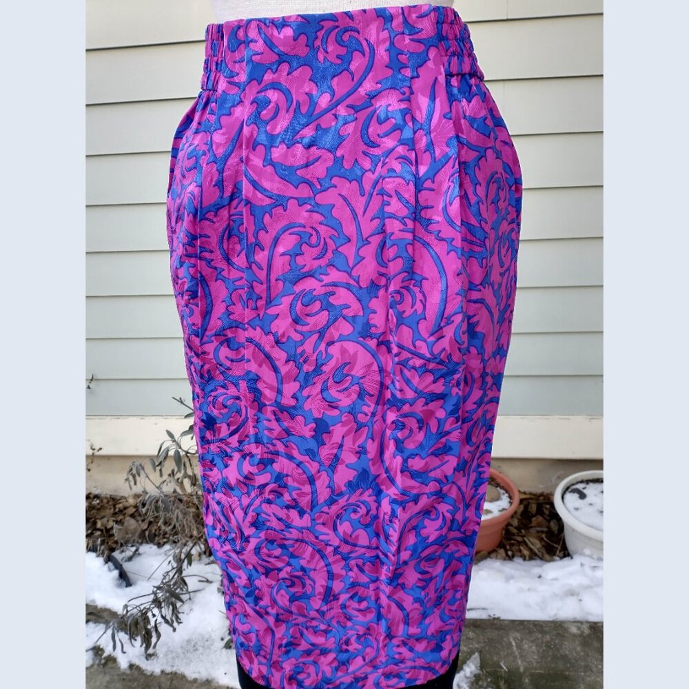 Skirt: fuchsia silk, floral, elastic waist, midi. Size 8 - by Adrianna Papell